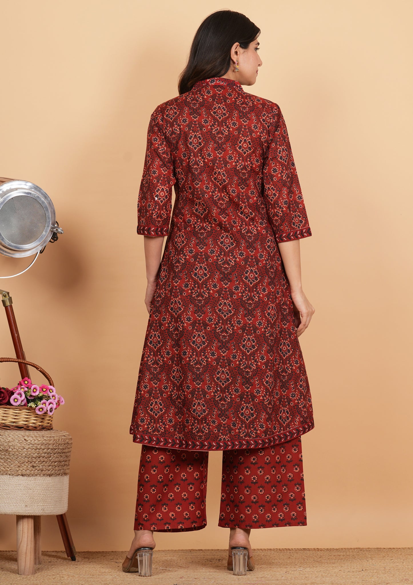 Maroon Angrakha Printed Cotton Kurta Set