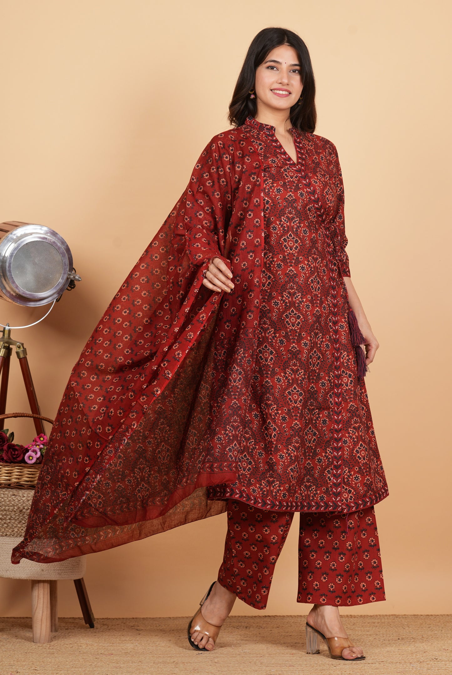 Maroon Angrakha Printed Cotton Kurta Set