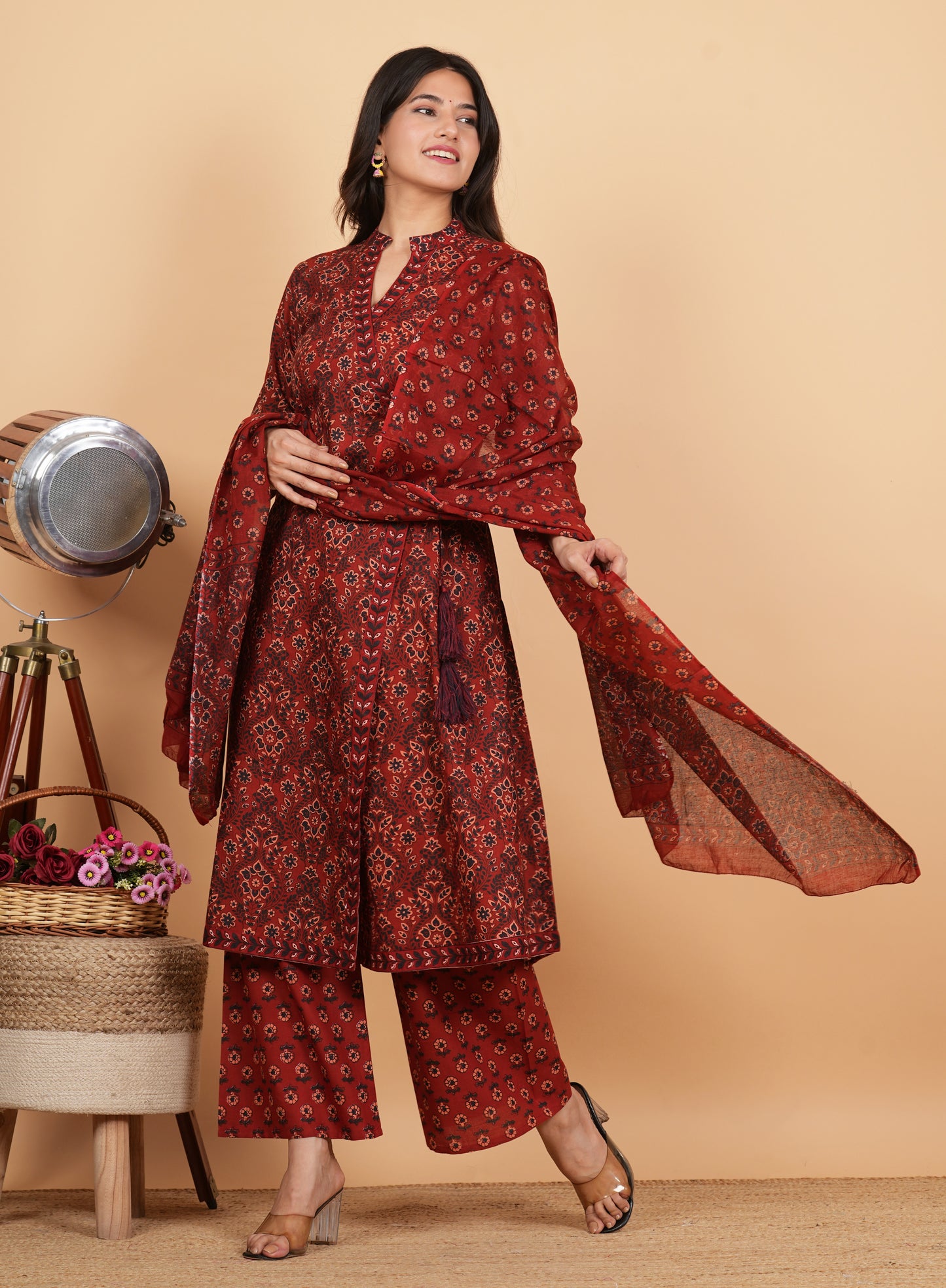 Maroon Angrakha Printed Cotton Kurta Set