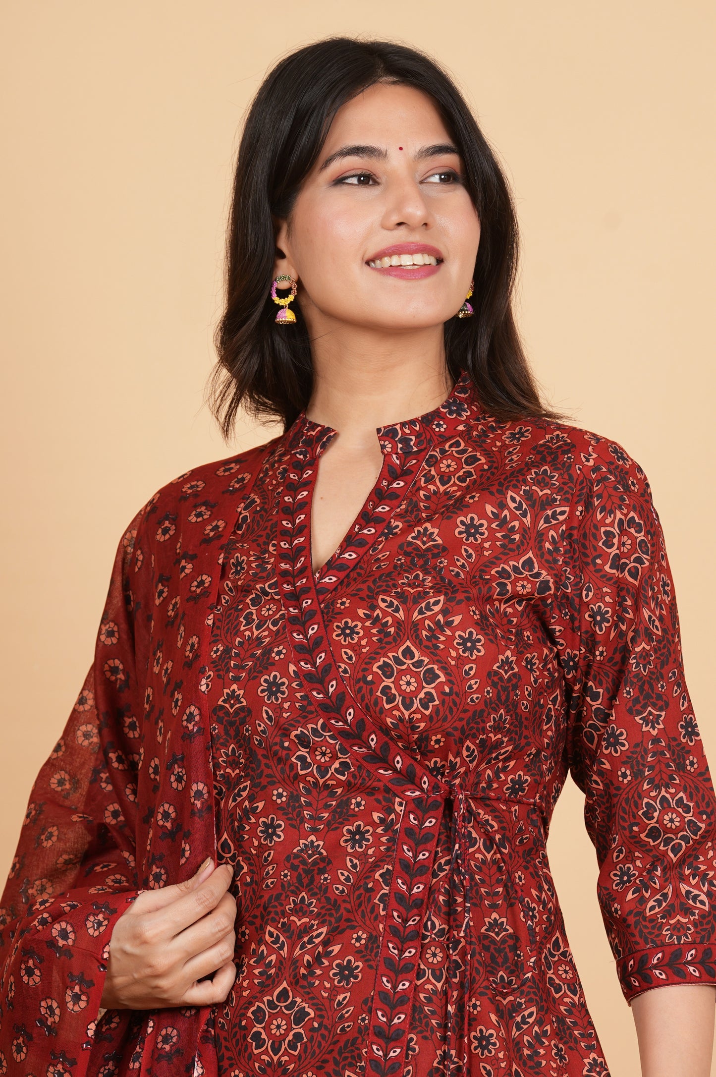 Maroon Angrakha Printed Cotton Kurta Set