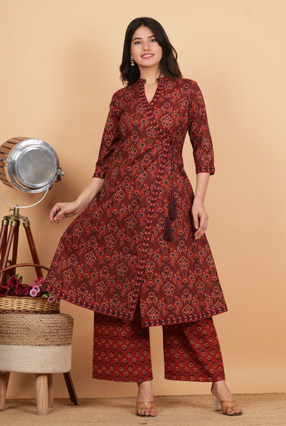 Maroon Angrakha Printed Cotton Kurta Set