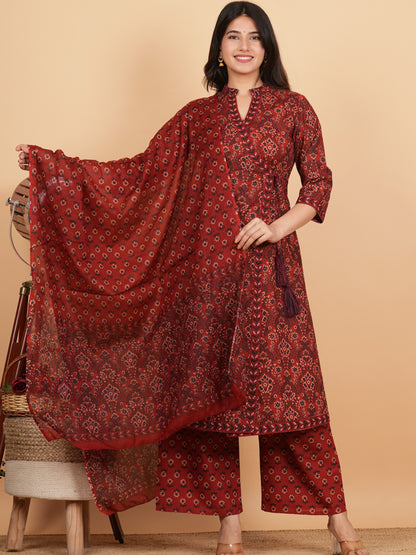 Maroon Angrakha Printed Cotton Kurta Set