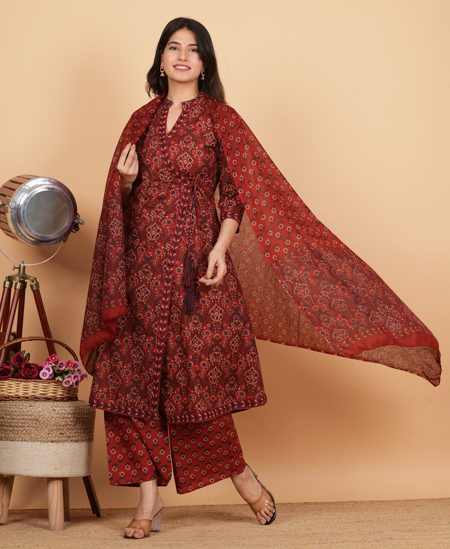 Maroon Angrakha Printed Cotton Kurta Set