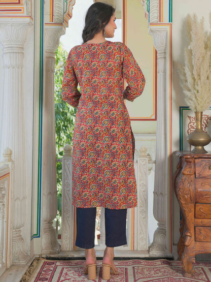 Maroon Straight Printed Cotton Kurta