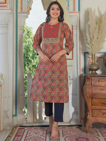 Maroon Straight Printed Cotton Kurta