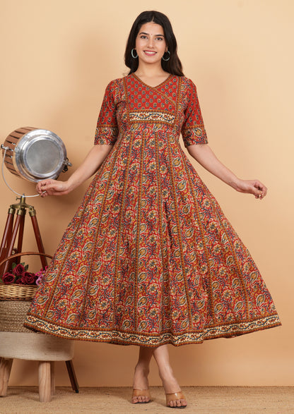 Maroon Anarkali Print Cotton Kurta