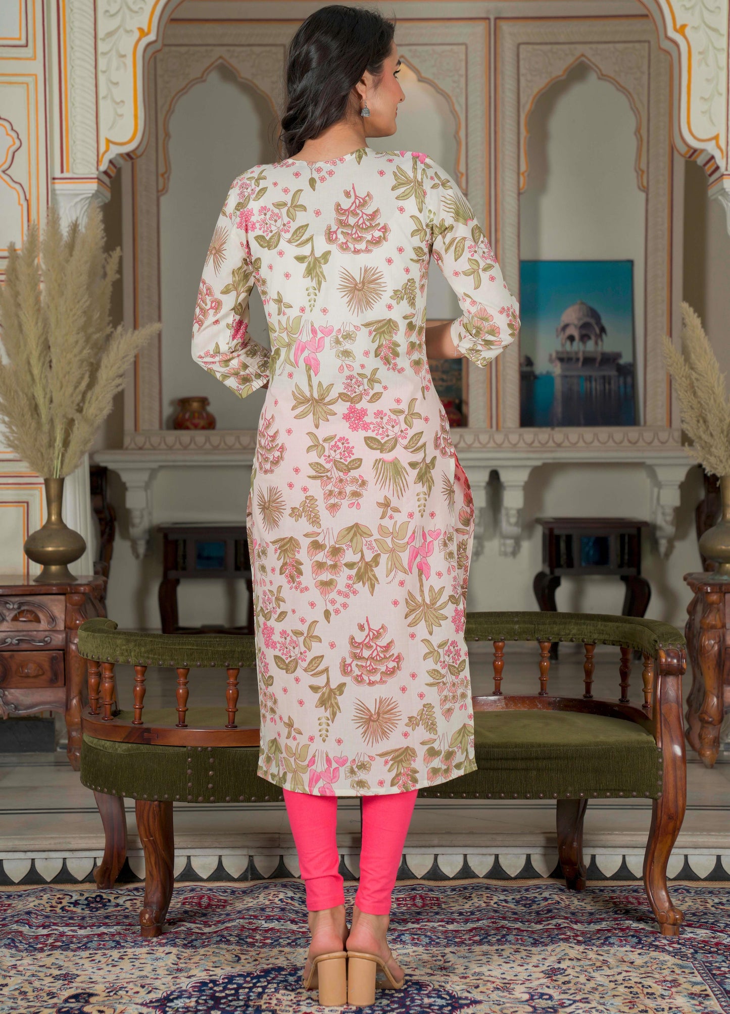 Pink Print Straight Cotton Kurta