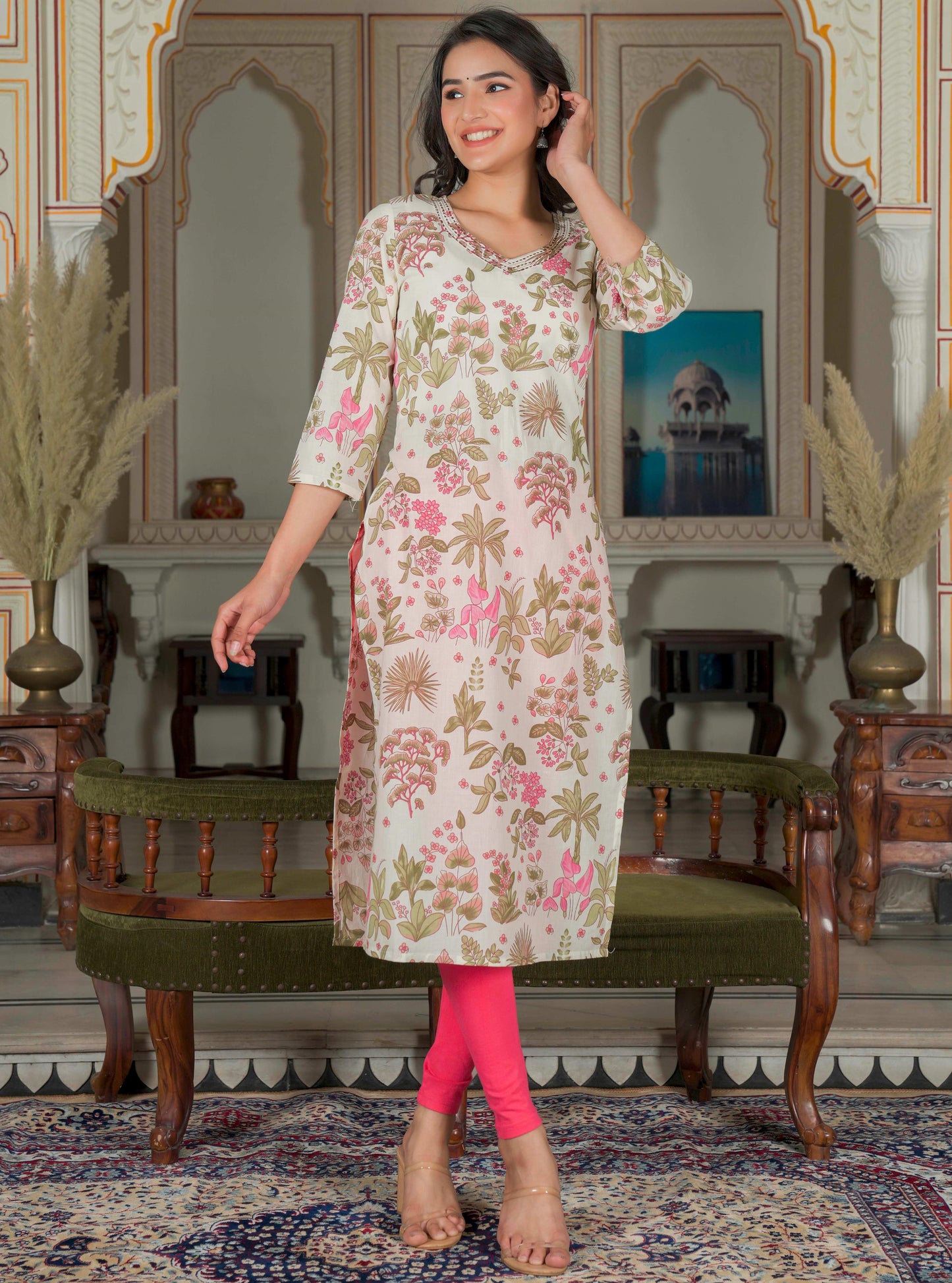 Pink Print Straight Cotton Kurta