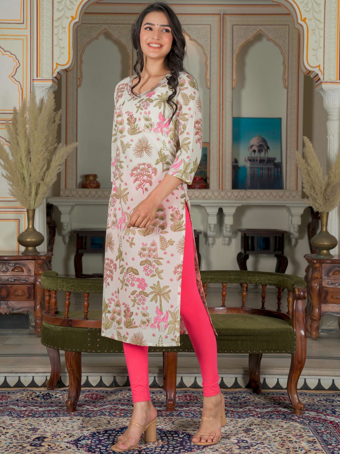 Pink Print Straight Cotton Kurta