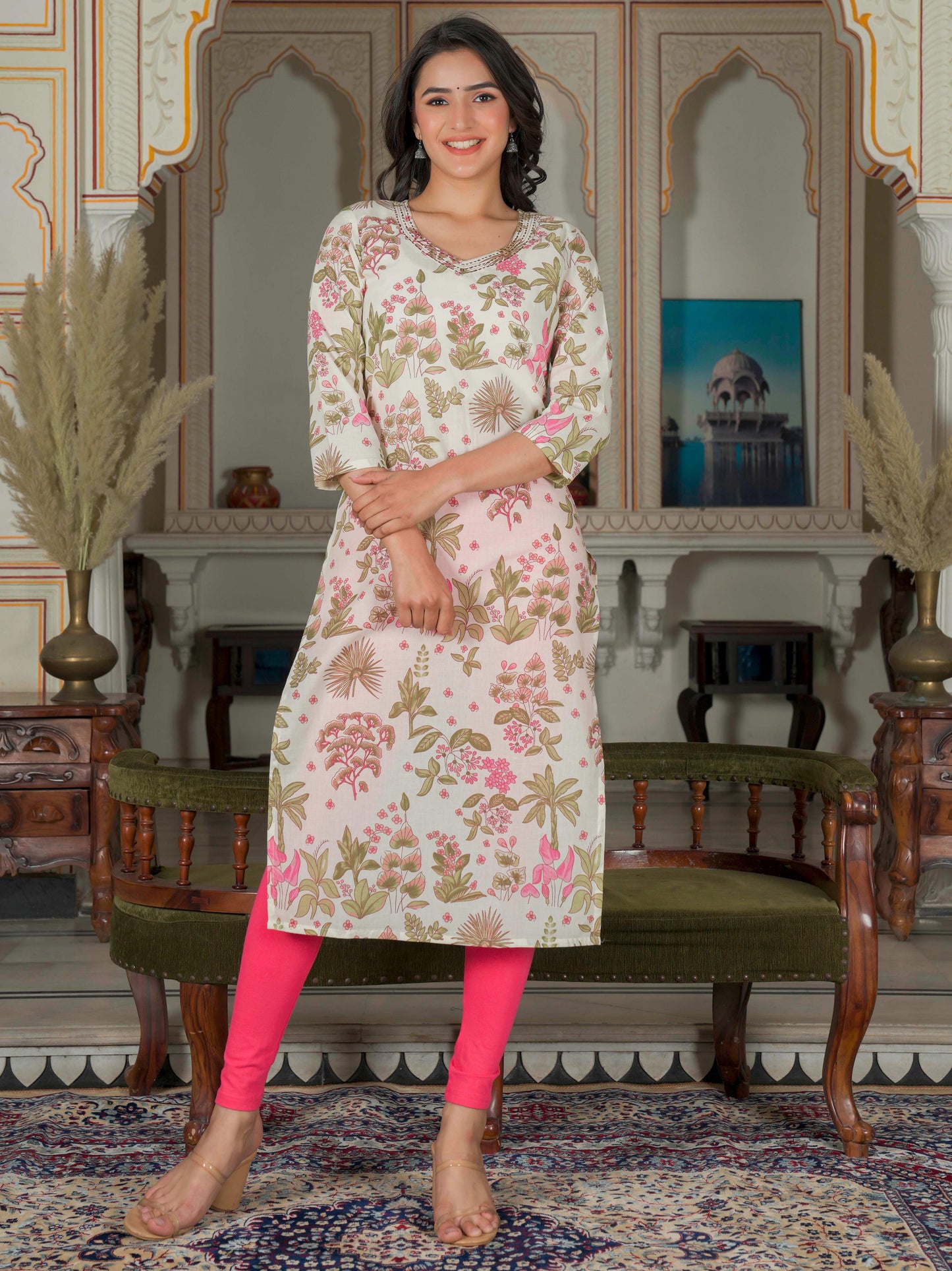 Pink Print Straight Cotton Kurta