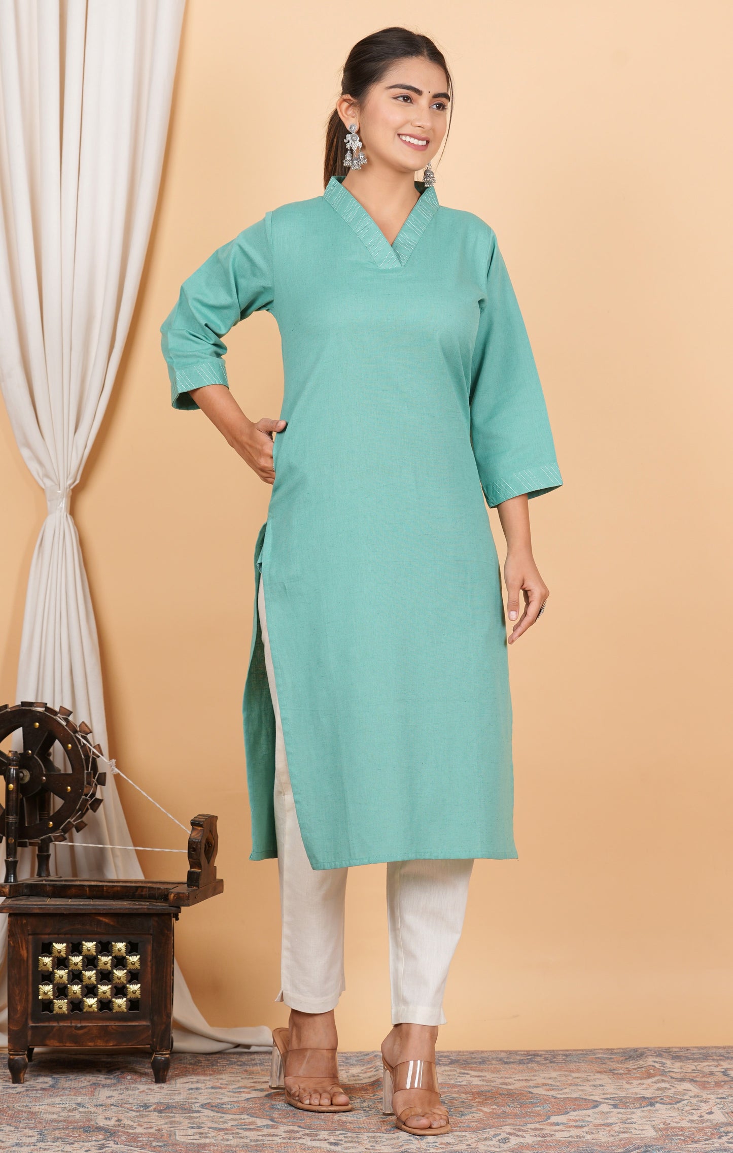 Aqua Straight Printed Cotton Kurta