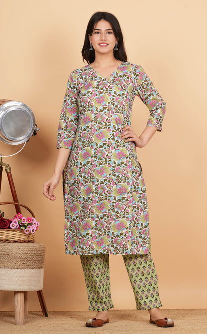 Multicolor Floral Print Angrakha Cotton Kurta Set