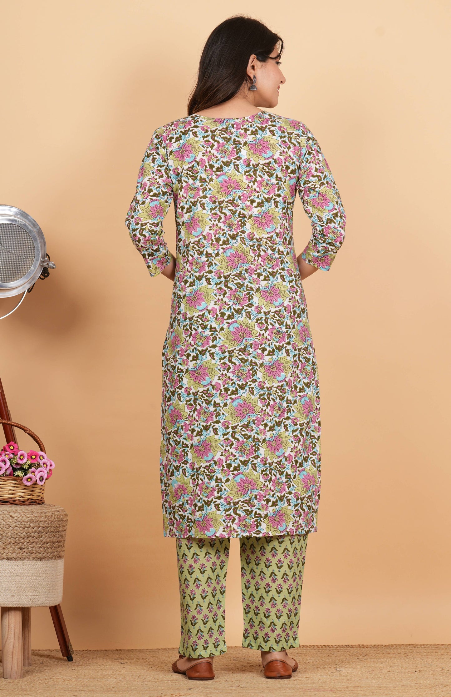 Multicolor Floral Print Angrakha Cotton Kurta Set