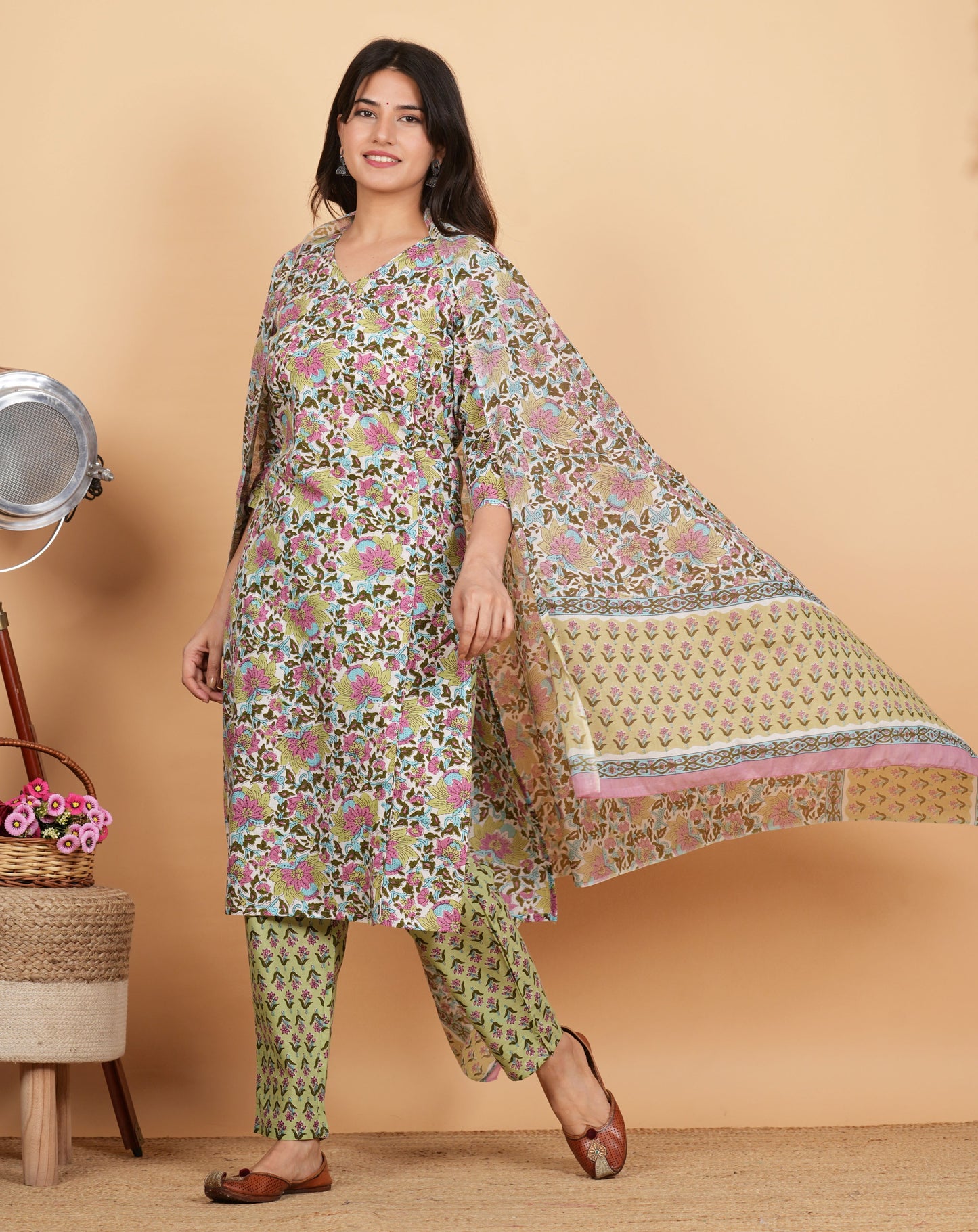 Multicolor Floral Print Angrakha Cotton Kurta Set