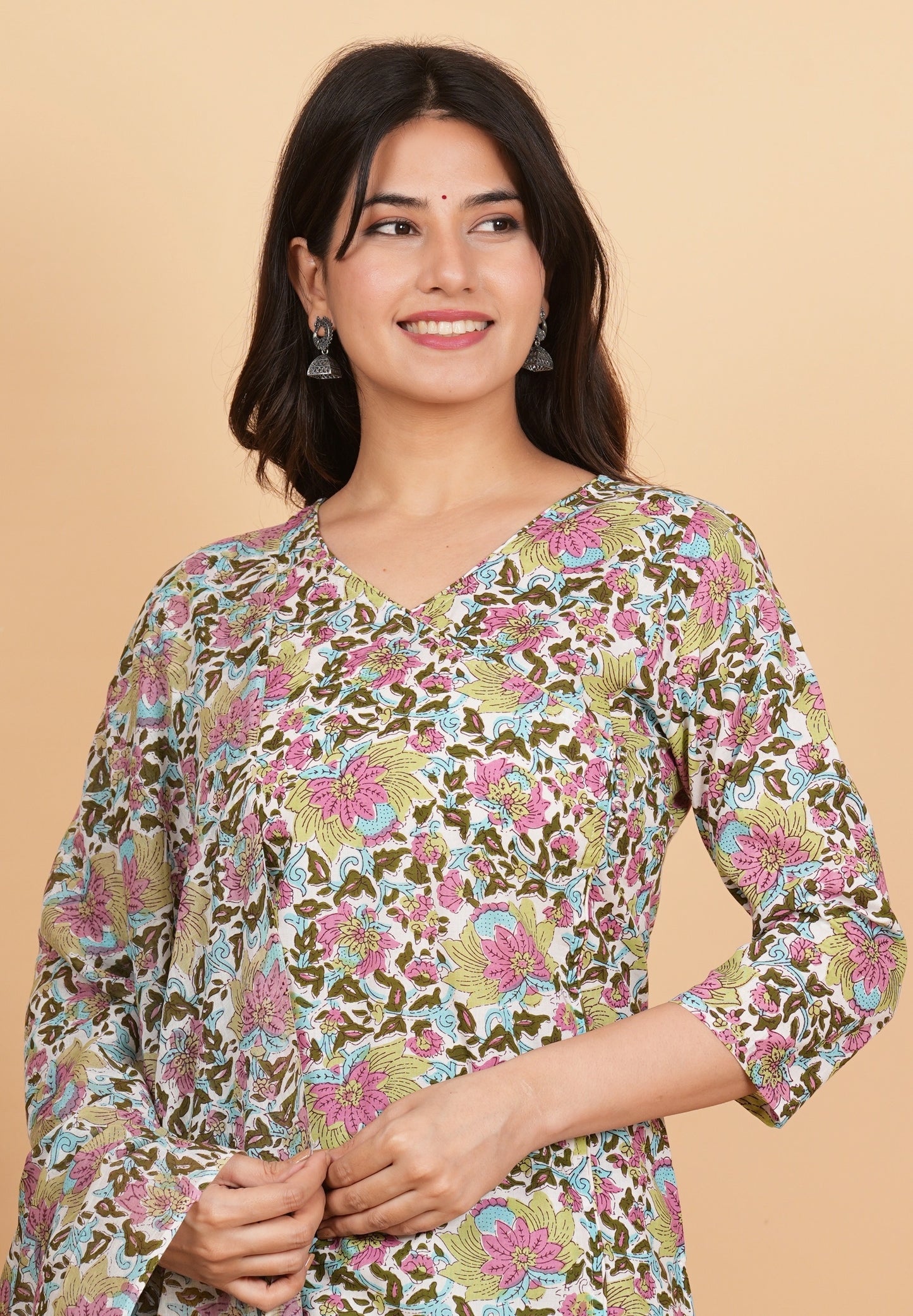 Multicolor Floral Print Angrakha Cotton Kurta Set