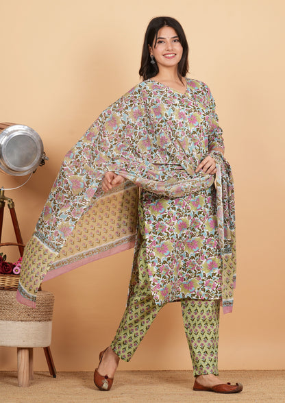 Multicolor Floral Print Angrakha Cotton Kurta Set