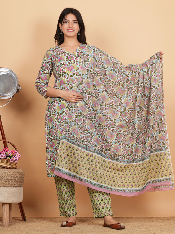 Multicolor Floral Print Angrakha Cotton Kurta Set