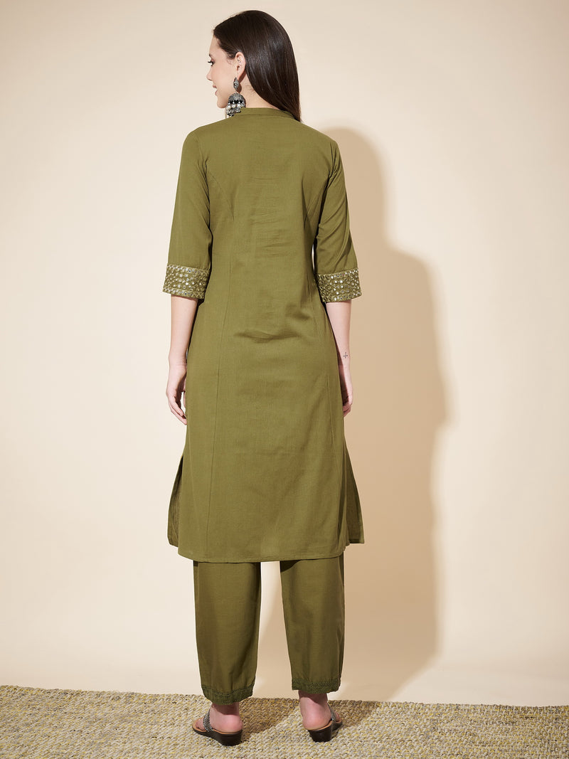 Mehndi Green Straight Cotton-Flex Kurta with Pant