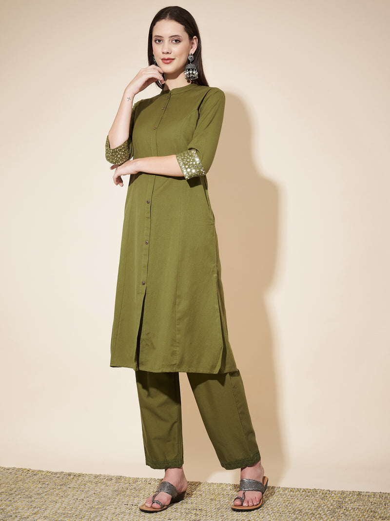 Mehndi Green Straight Cotton-Flex Kurta with Pant