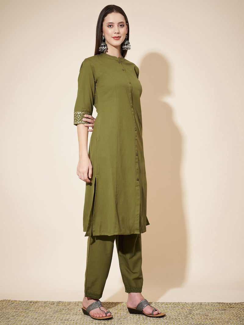 Mehndi Green Straight Cotton-Flex Kurta with Pant