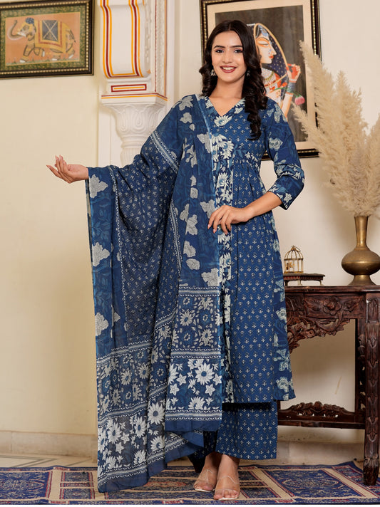 Blue Floral Printed Flared Cotton Kurta Set