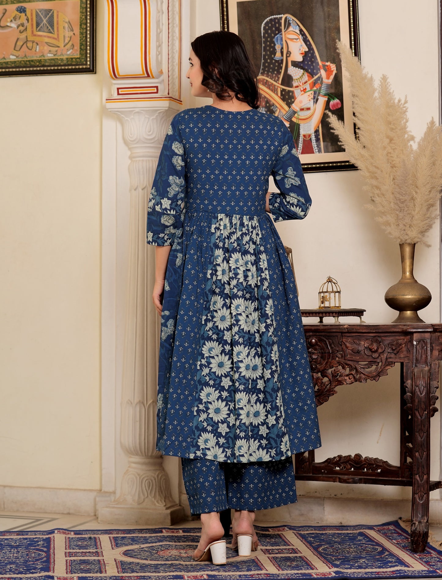 Blue Floral Printed Flared Cotton Kurta Set