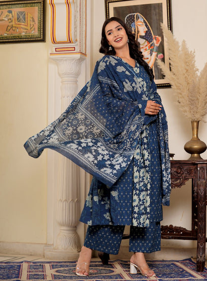 Blue Floral Printed Flared Cotton Kurta Set