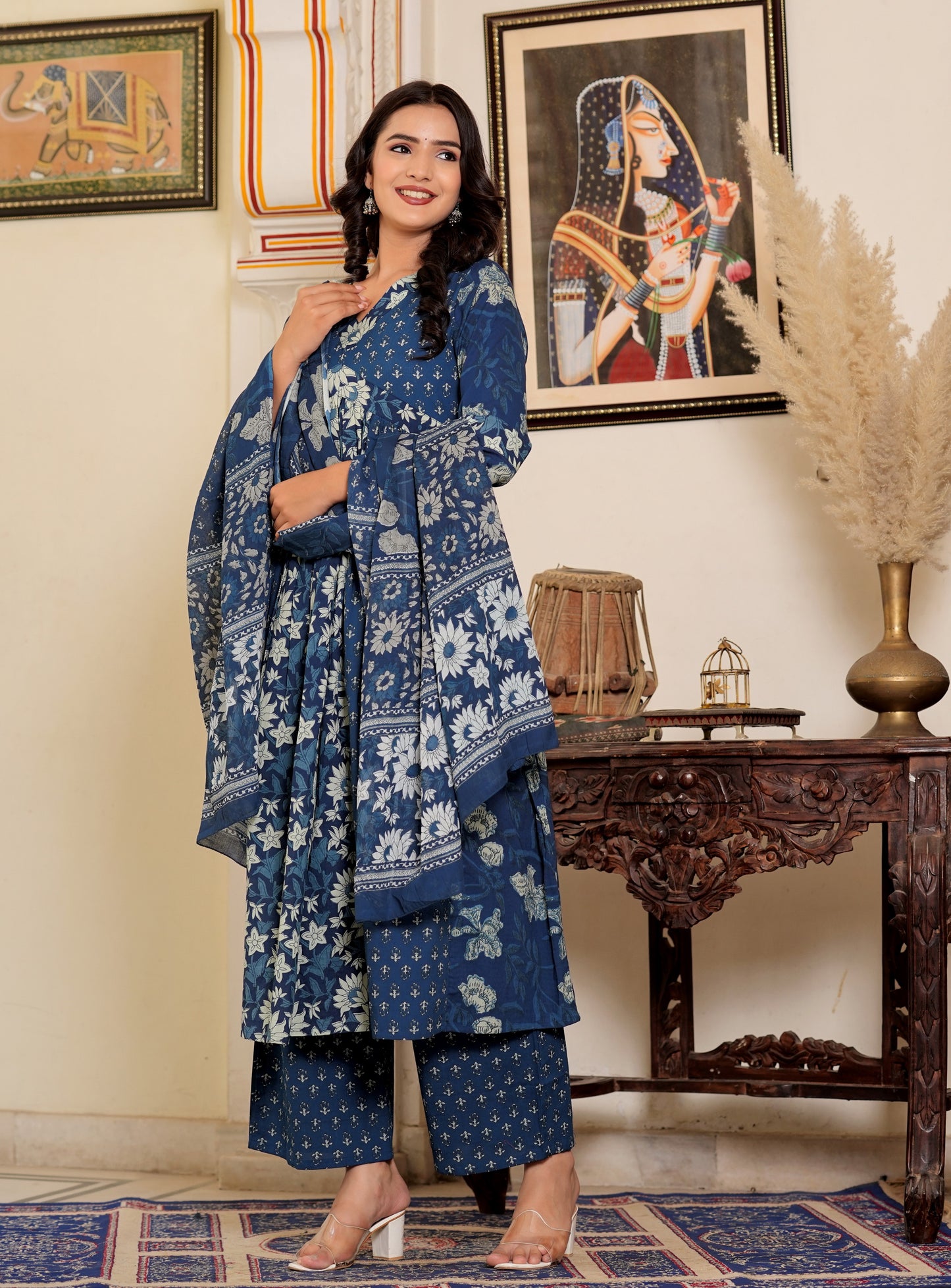 Blue Floral Printed Flared Cotton Kurta Set