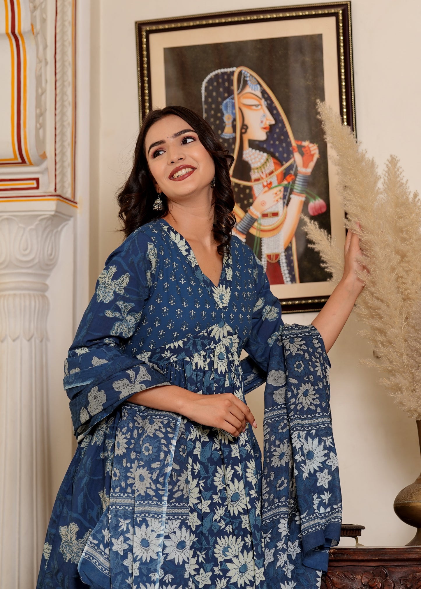 Blue Floral Printed Flared Cotton Kurta Set