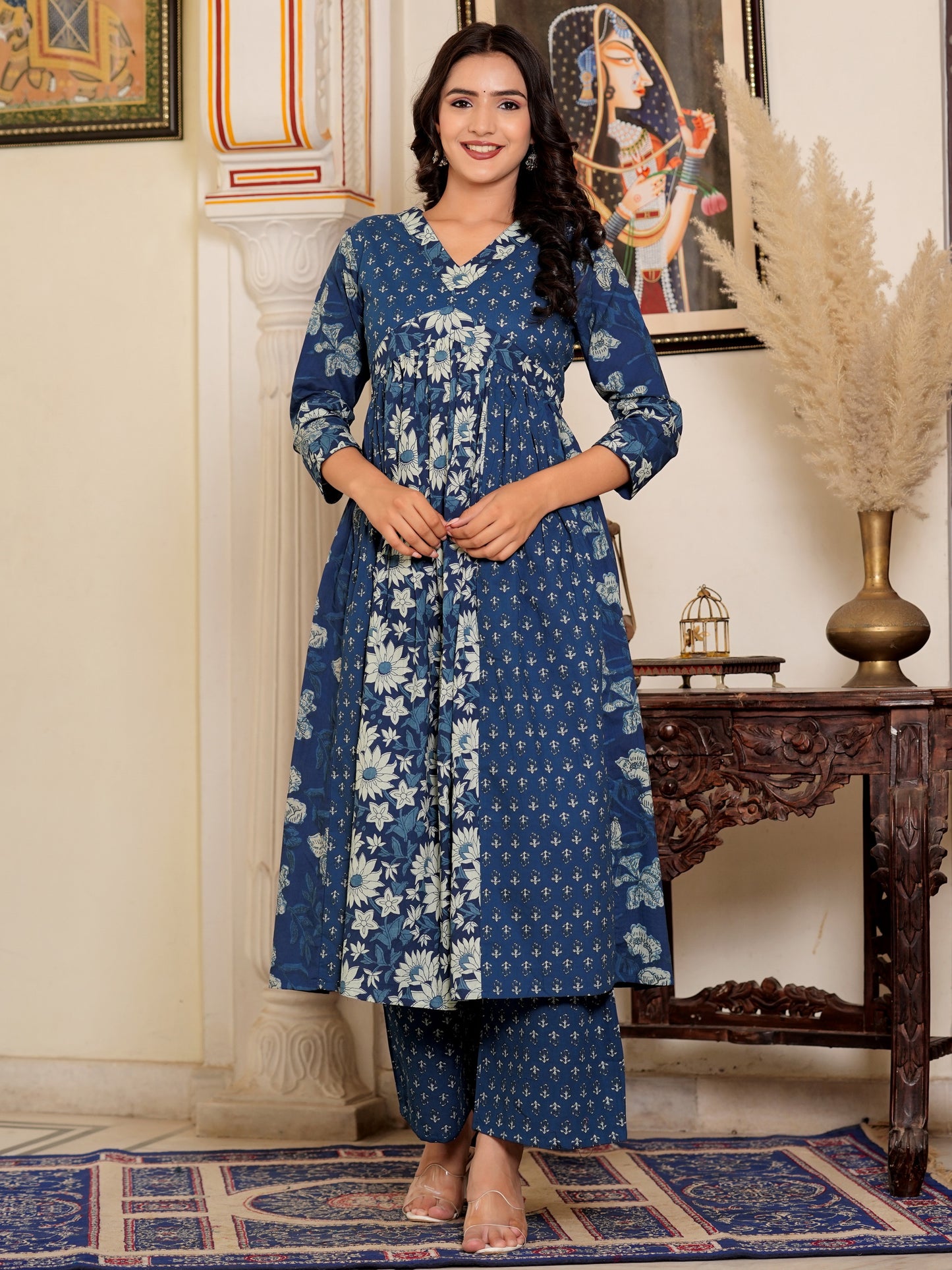 Blue Floral Printed Flared Cotton Kurta Set