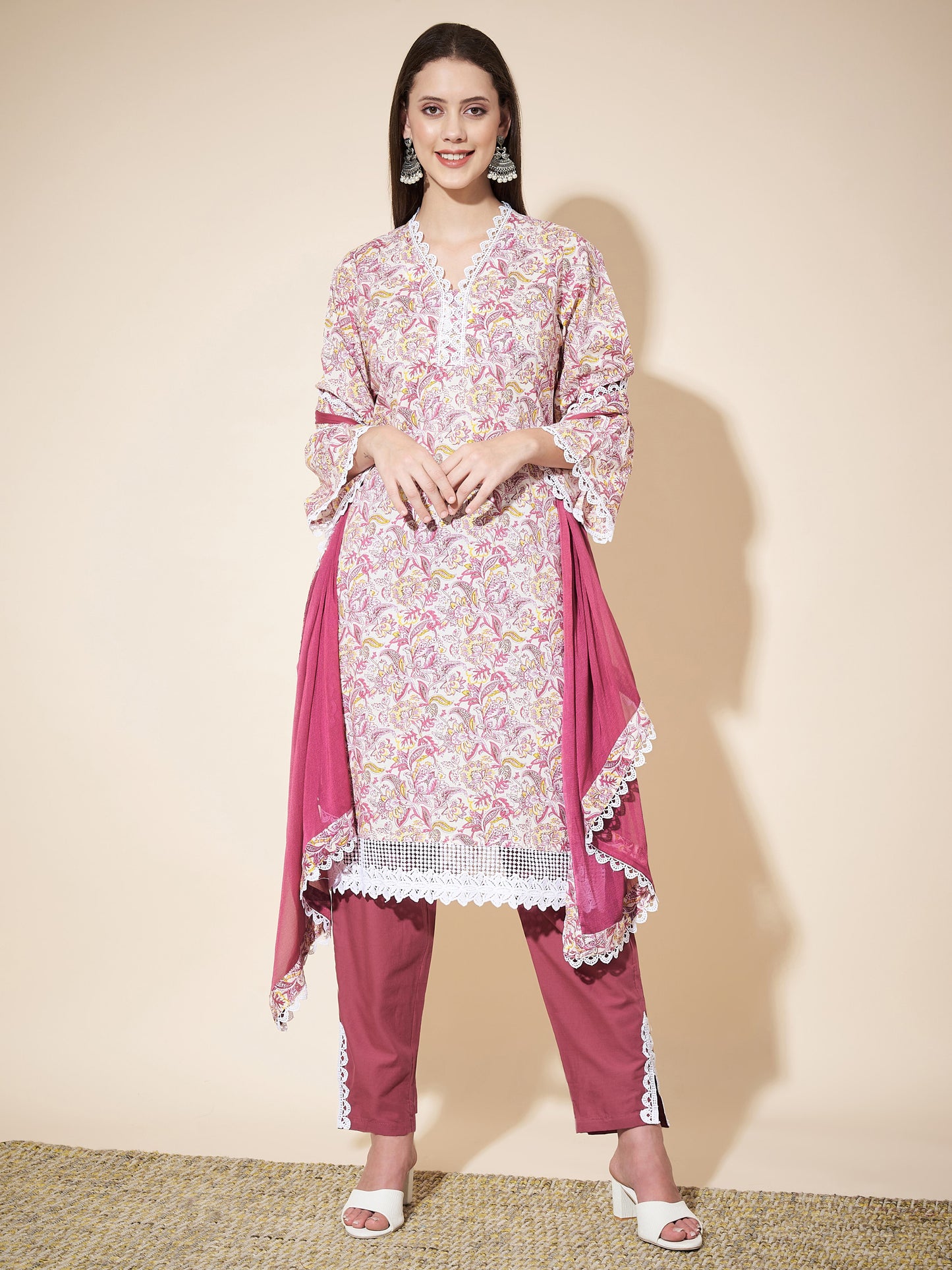 White Printed Straight Cotton Kurta Set