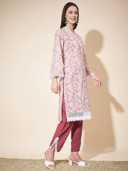 White Printed Straight Cotton Kurta Set