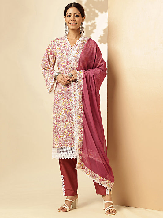 Pink Floral Printed Straight Cotton Stitched Kurta Set