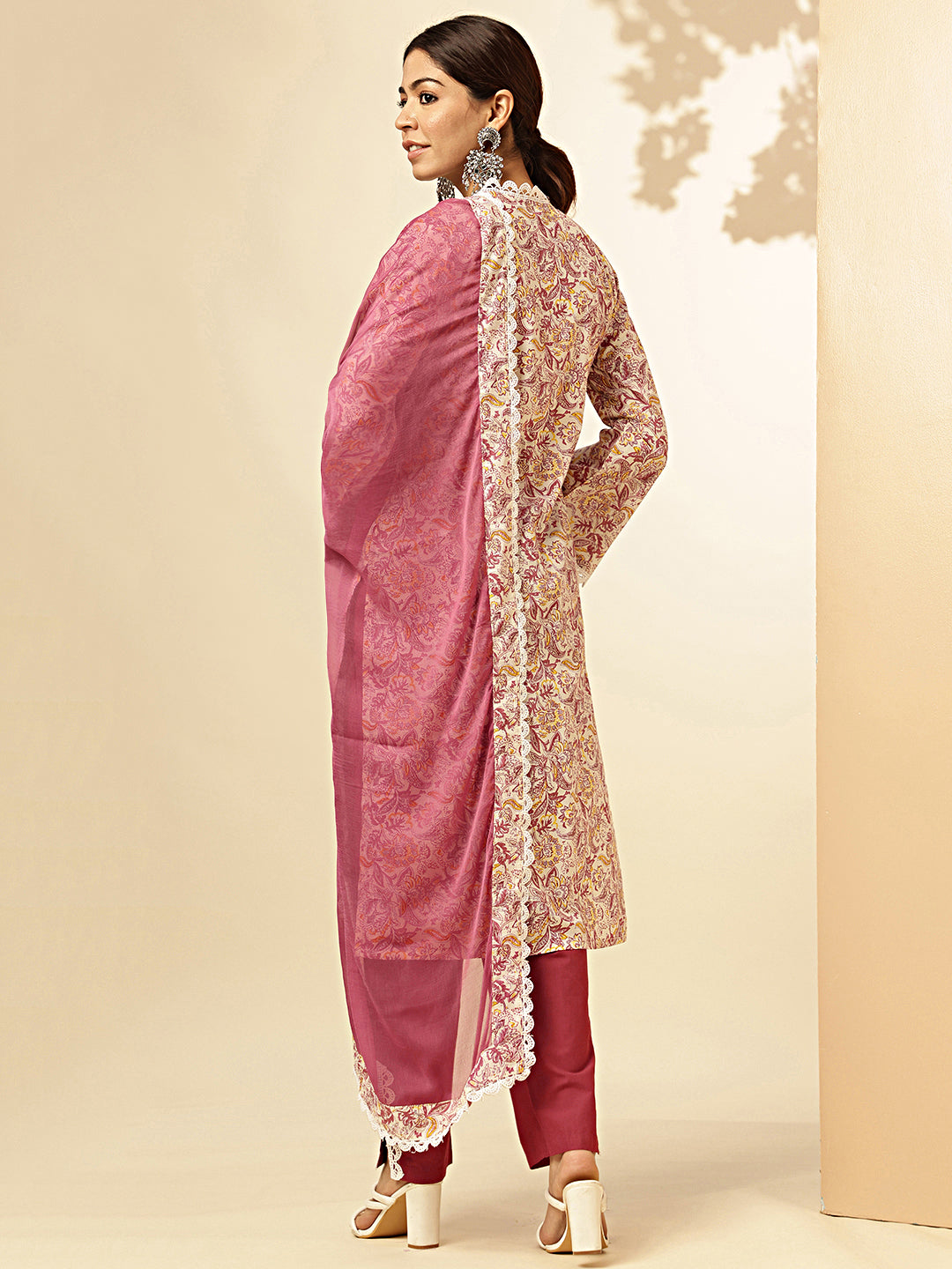 Pink Floral Printed Straight Cotton Stitched Kurta Set