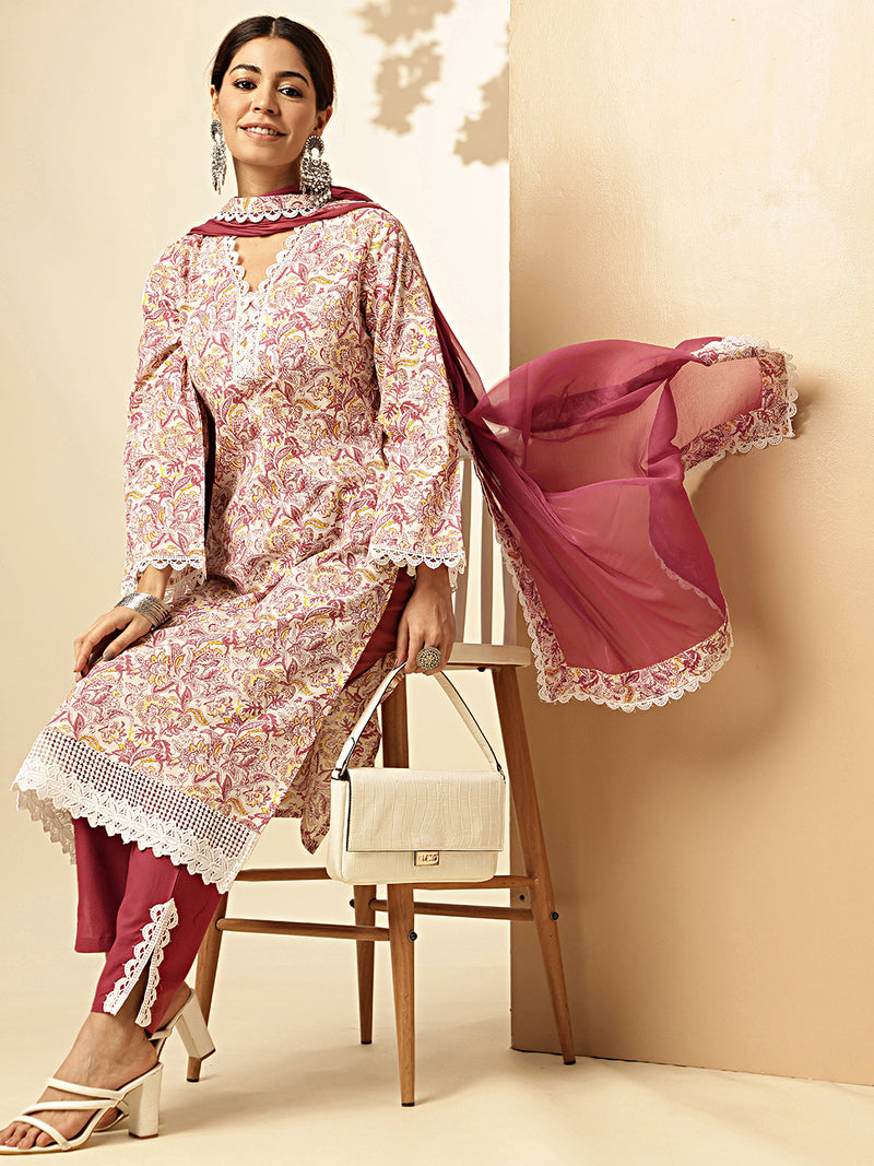 Pink Floral Printed Straight Cotton Stitched Kurta Set