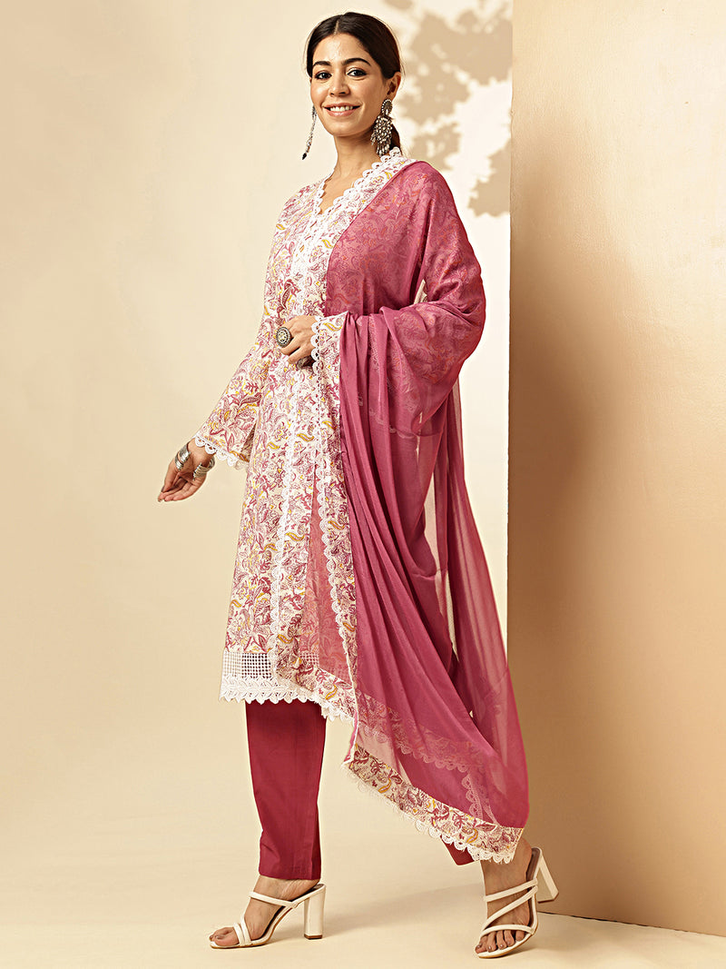 Pink Floral Printed Straight Cotton Stitched Kurta Set