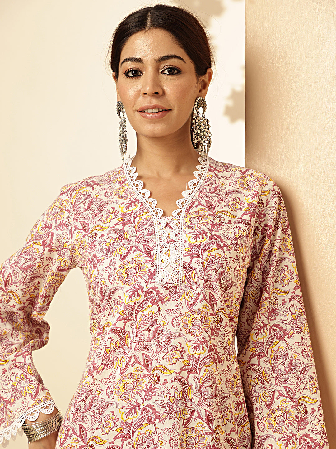 Pink Floral Printed Straight Cotton Stitched Kurta Set