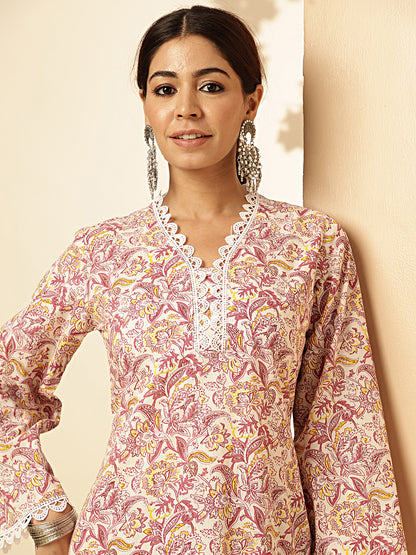 Pink Floral Printed Straight Cotton Stitched Kurta Set