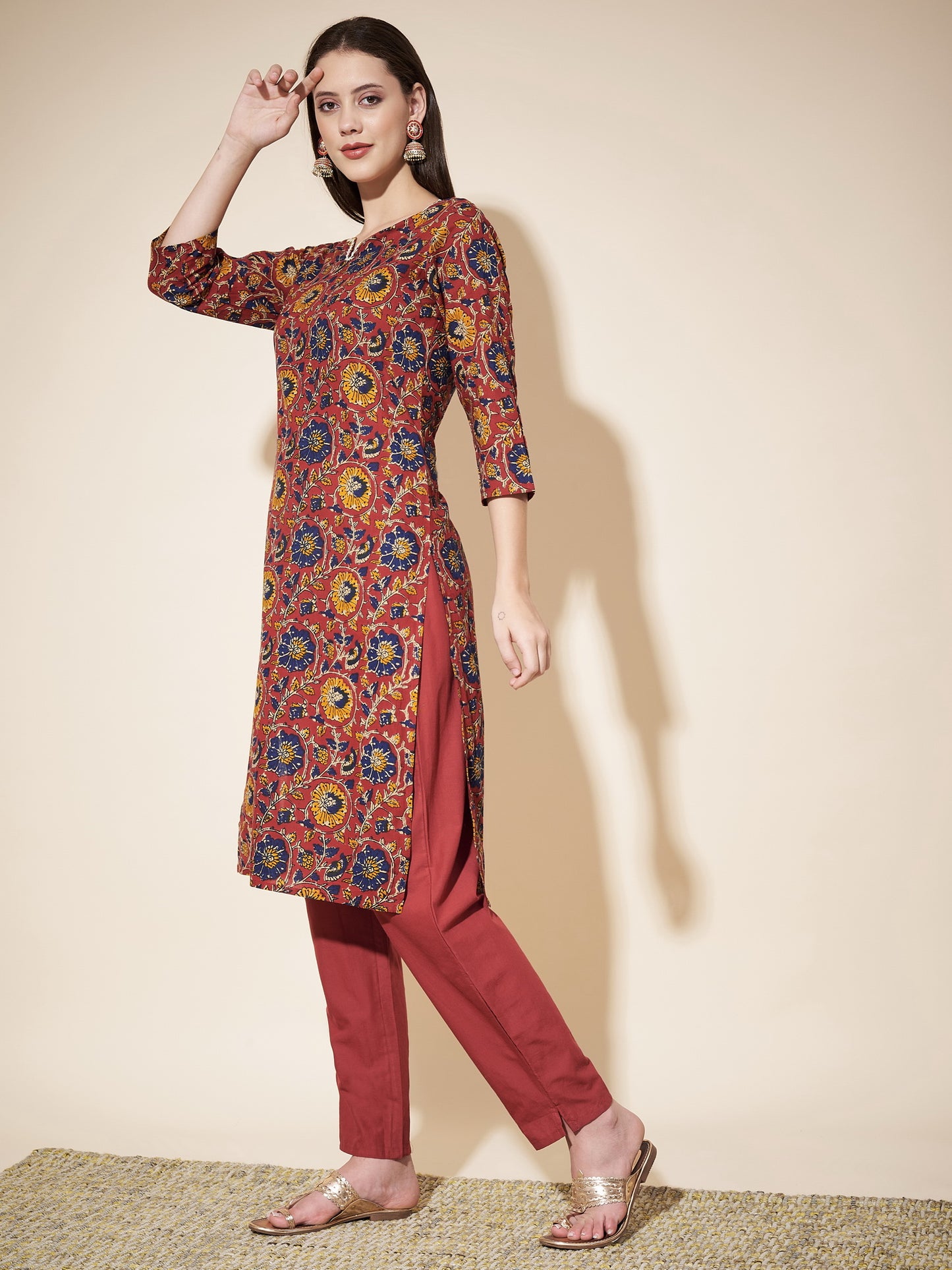 Red Straight Cotton Kurta with Pant