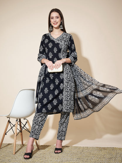 Black Printed Angrakha Straight  Cotton Kurta Set