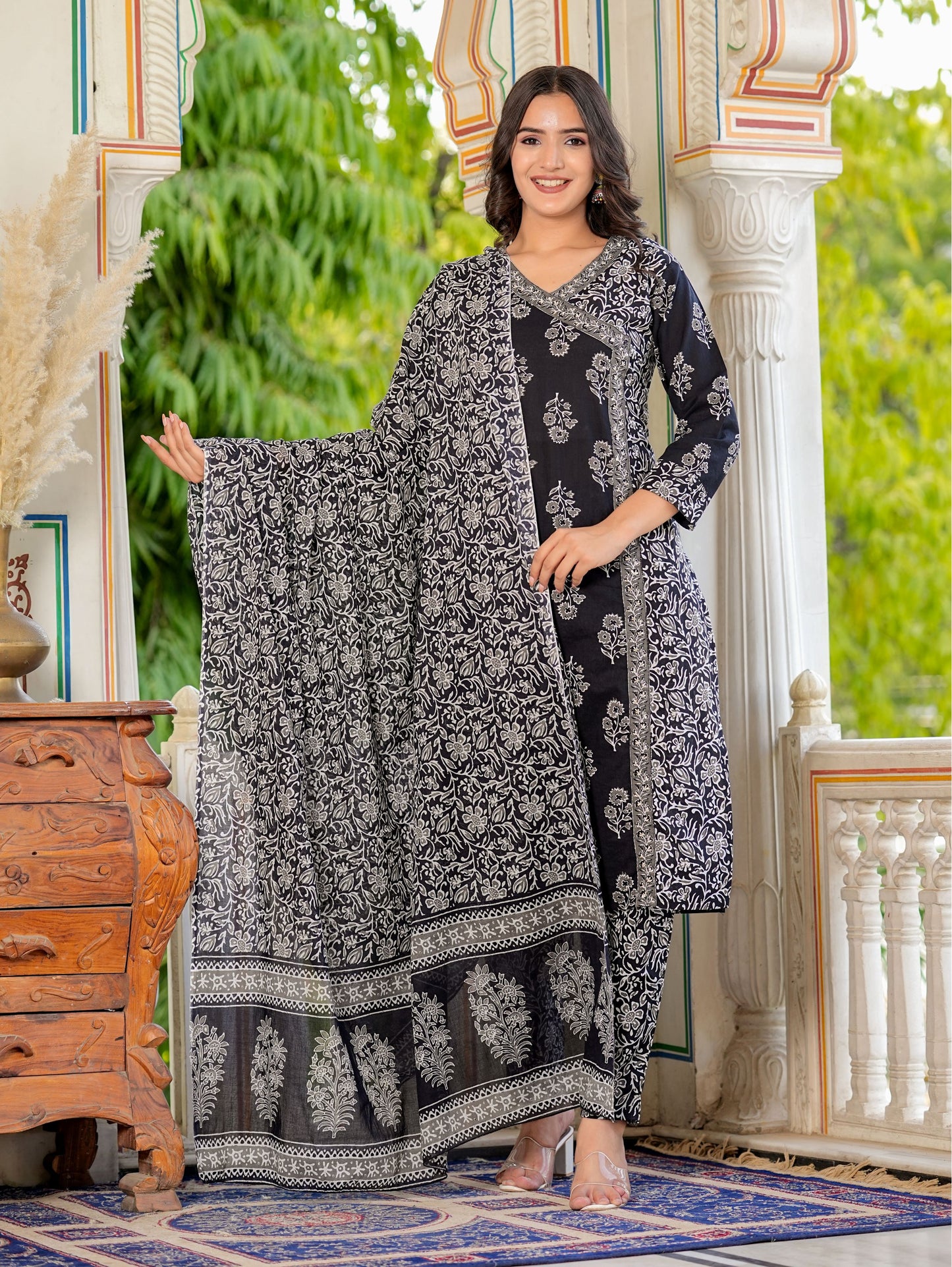 Black Angrakha Straight Cotton Kurta Set