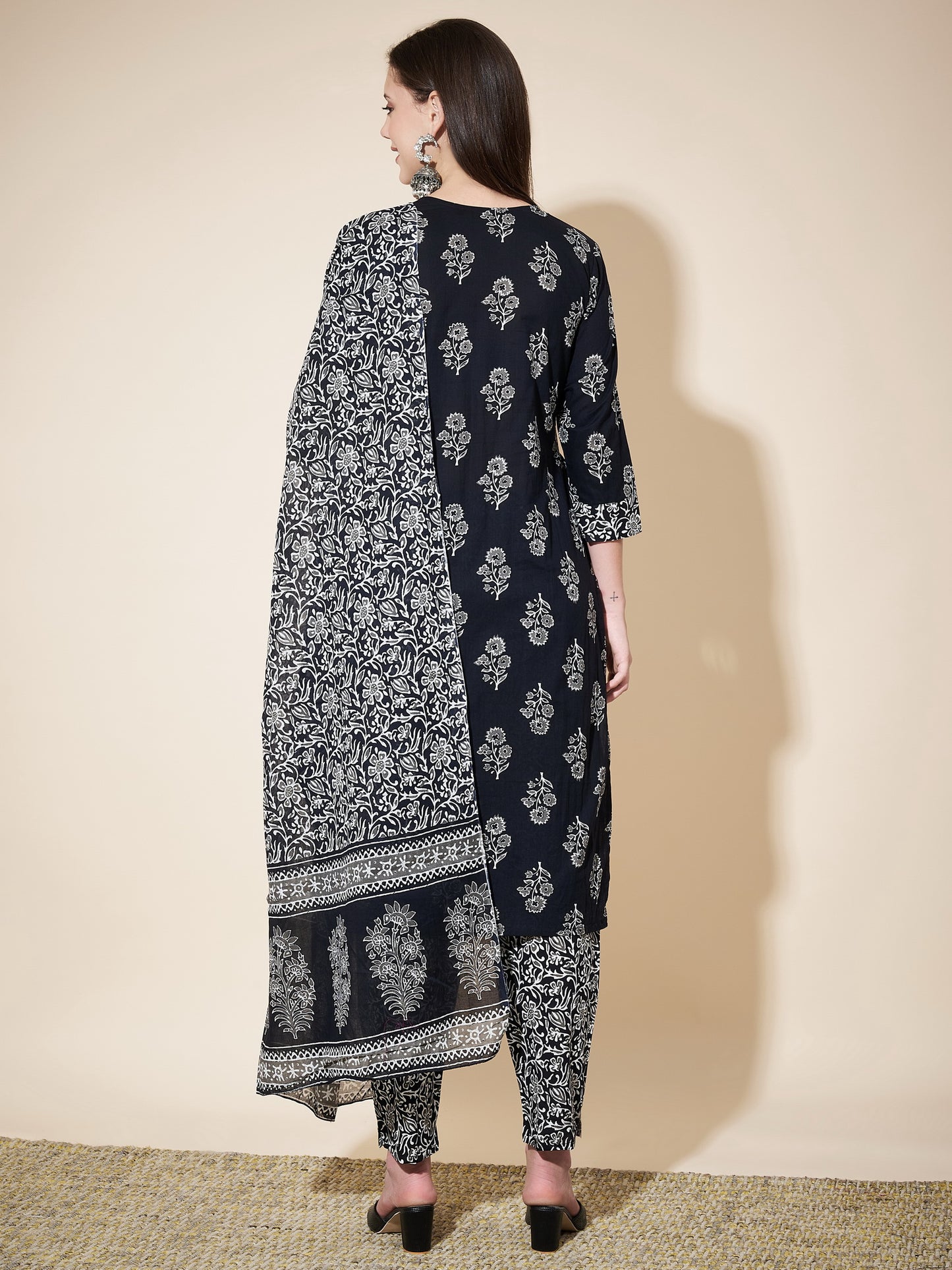 Black Printed Angrakha Straight  Cotton Kurta Set