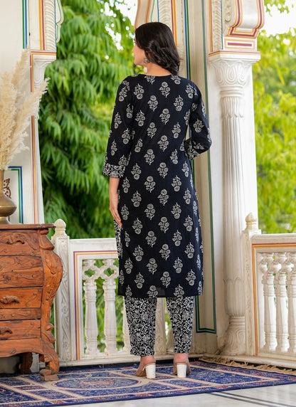 Black Angrakha Straight Cotton Kurta Set