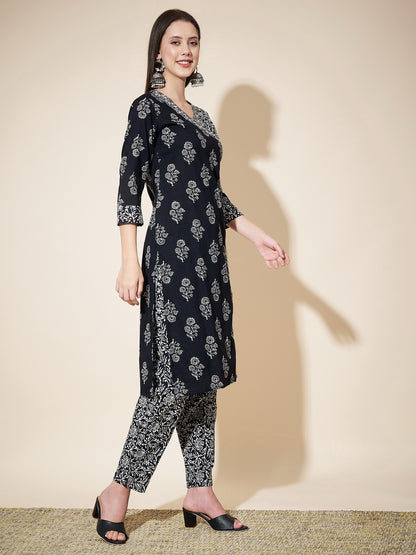 Black Printed Angrakha Straight  Cotton Kurta Set