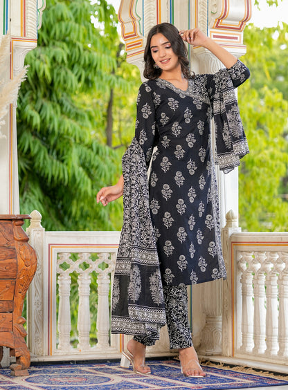 Black Angrakha Straight Cotton Kurta Set