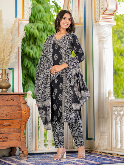 Black Angrakha Straight Cotton Kurta Set