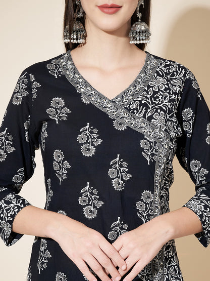 Black Printed Angrakha Straight  Cotton Kurta Set