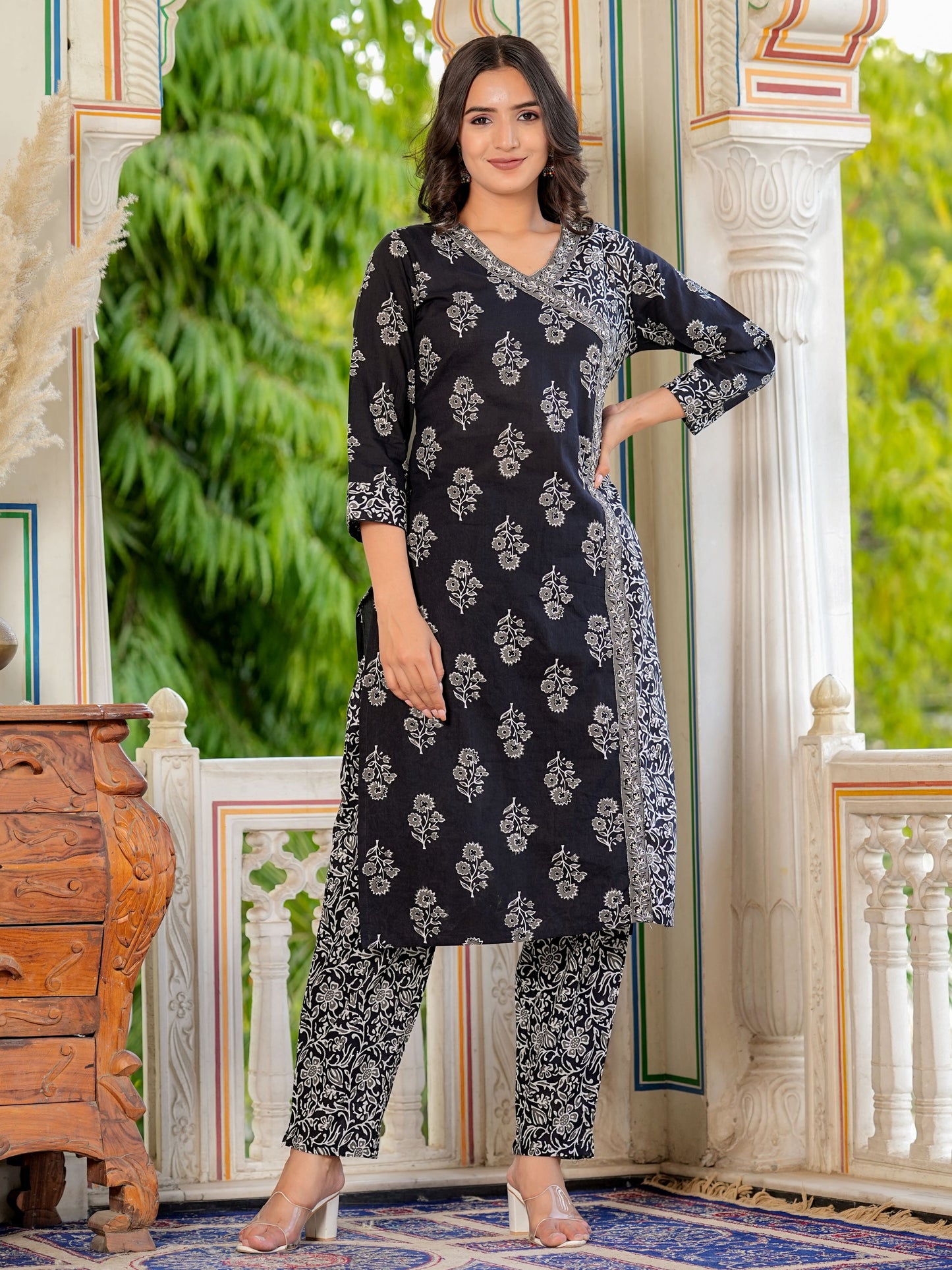 Black Angrakha Straight Cotton Kurta Set