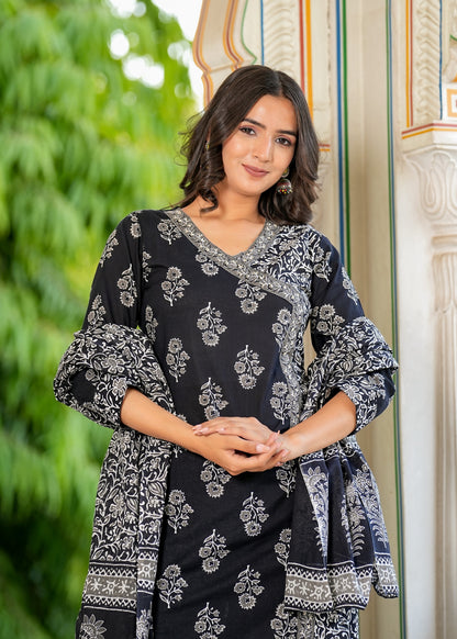 Black Angrakha Straight Cotton Kurta Set