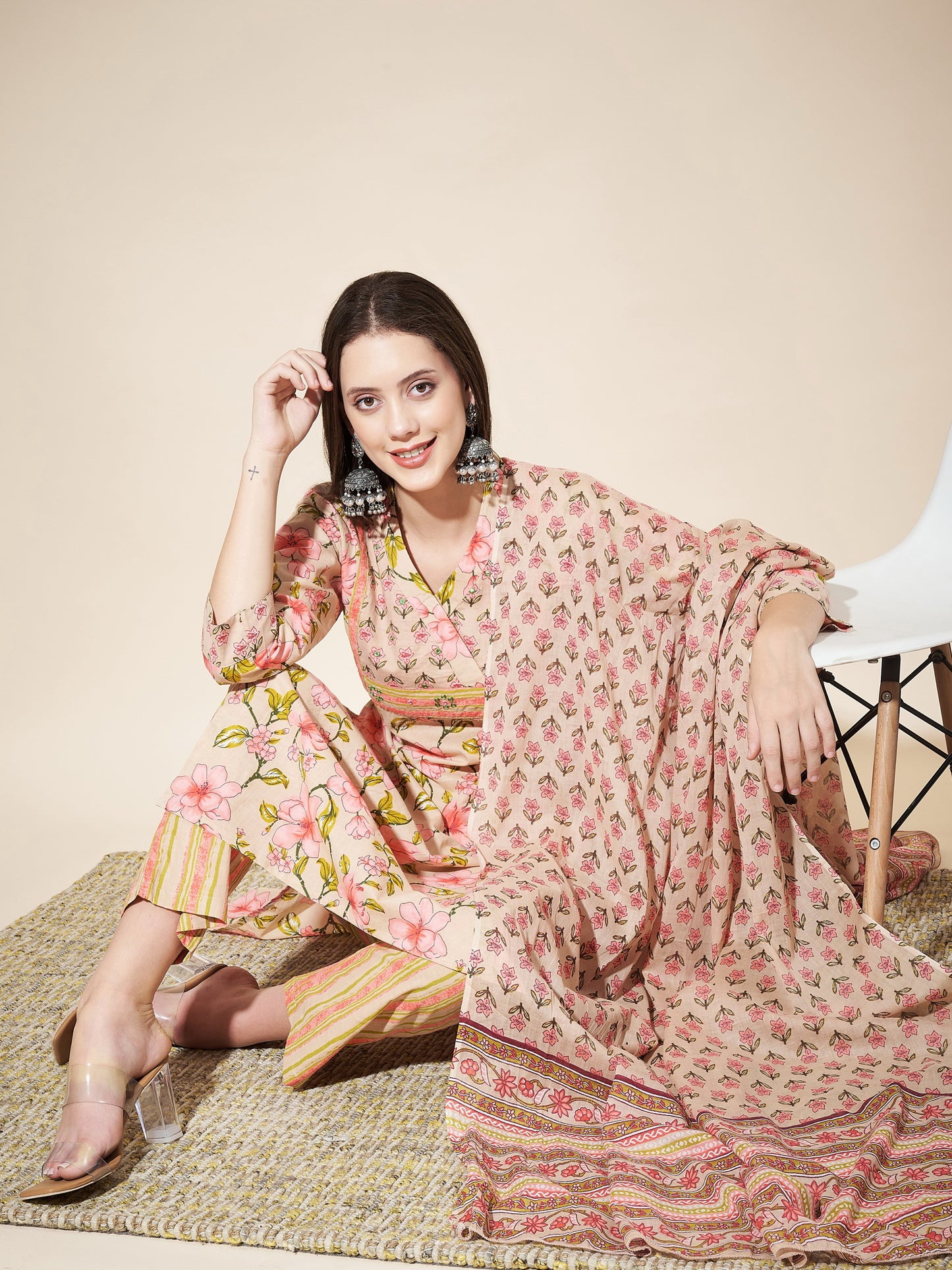 Beige Printed Straight Cotton Kurta Set